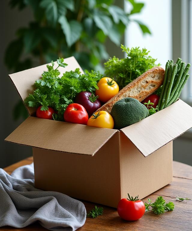 Eine geöffnete, prall gefüllte Abo-Box mit frischem Gemüse, Obst und Brot liegt auf einem Holztisch