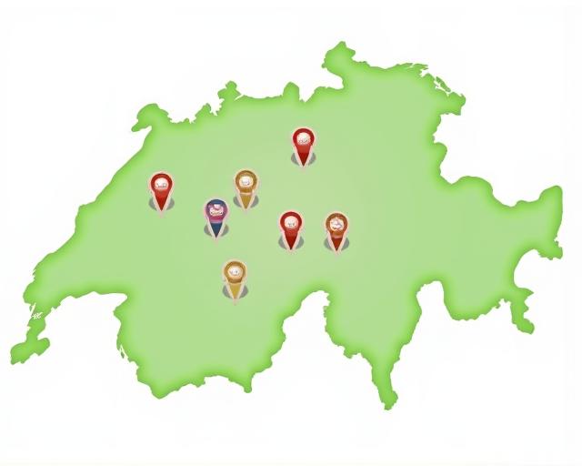 Karte der Schweiz mit Markierungen für Partner-Bauernhöfe in verschiedenen Kantonen