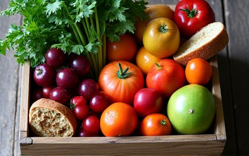 Eine reich gefüllte Holzkiste mit saisonalem Obst und Gemüse