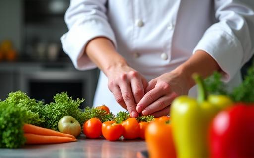 Ein Koch arrangiert frisches Gemüse in einer professionellen Restaurantküche