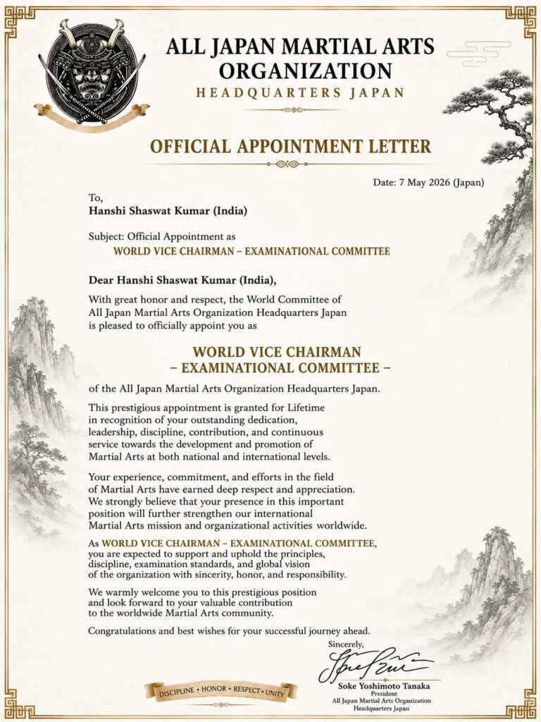Indian Martial Arts History Creates a New Chapter: Hanshi Shaswat Kumar Appointed as “World Martial Arts Ambassador”