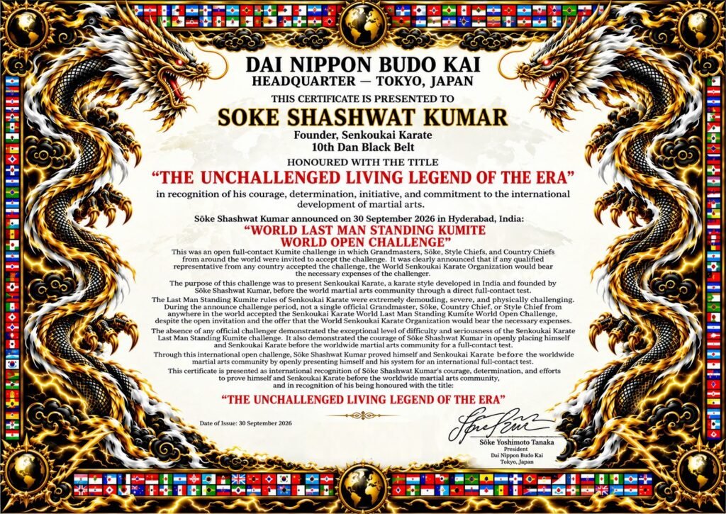On 30 September 2026, two certificates were issued in recognition of Shaswat Kumar in connection with the Last Man Standing Kumite World Open Challenge.